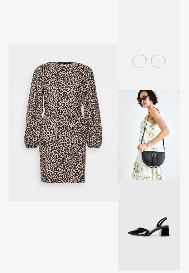 Leoparda raksta kleita ar garām pūkainām piedurknēm, sašaurinātu jostas vietu un sasaistīšanas detaļu. Izgatavota no mīksta auduma ar bēšu un melnu krāsu shēmu.; Melna lakota āda ar atvērto papēdi, ar smailu purngalu un ģeometrisku blokpapēdi. Iezīmējas elegants, minimāls dizains un gluda tekstūra.; Melnas ādas rokassoma ar izliekta formu, noņemamu siksnu un zelta aksesuāriem. Somai ir vāciņš ar sprādzes detaļu.; Sudraba riņķa auskari ar elegantu, apaļu dizainu, kas izceļas ar gludu virsmu un bez redzamām rotājumām. Diametrs netiek norādīts.