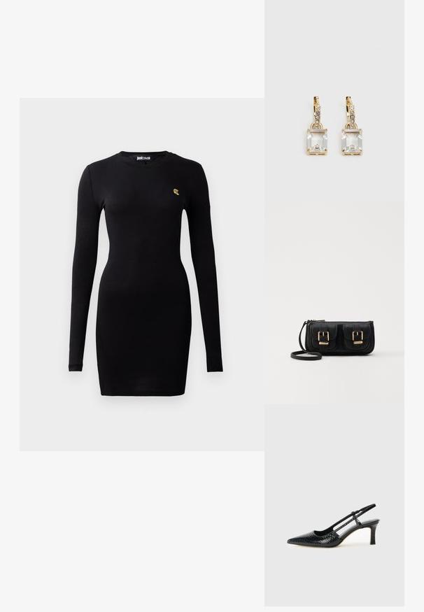 Must musta pikkade varrukatega kleit, mis on valmistatud pehmest puuvillast. Omab istuvat disaini ja väikest kuldset logo rinnal.; Mustmust paelad, millel on terav varvas, tekstuuriga maduprindiga, reguleeritav rihm ja lühike tekstuuriga plokknina.; Must küllastamata nahast õlakott, millel on kaks esist nähtavat taskut, kuldsed pandlad, tõmblukuga sulgemine ja peen rihm. Tekstuuriga pind ja kompaktne ristkülikukujuline kuju.; Kuldtooni kõrvarõngad, millel on ristkülikukujuline, selge kristall, mis ripub allapoole väikeste ümmarguste selgete aktsentide rida. Viimistletud, kaasaegne disain.