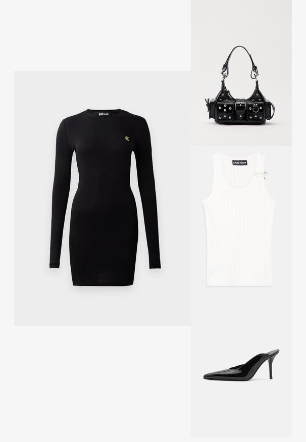 Musta pitkähihaisella mekolla, joka on valmistettu pehmeästä puuvillamateriaalista. Mekossa on tiukka malli ja pieni kultainen logo rinnassa.; Valkoinen ribattu hihaton toppi, jossa on pyöreä kaula-aukko ja metallinen yksityiskohta olkapäällä. Pehmeä rakenne, vartalonmyötäinen malli ja hihaton tyyli.; Mustat patentoidut korkeakorkoiset mulesandaalit, joissa on terävä kärki ja sulavalinjainen siluetti. Kenkäparissa on avonainen takaosa ja hoikka stiletto-korko.; Musta nahkainen käsilaukku, jossa on kaareva muotoilu, hopeiset niitit, solki ja kaksi sivutaskua. Säädettävä olkahihna erilaisiin kantovaihtoehtoihin.