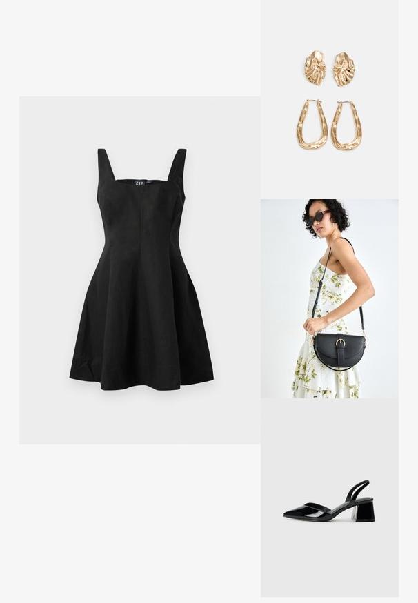 Must have selge käised must kleit, millel on vormiv kehaosa ja laienev seelik, valmistatud siledast kangast. Ruudukujuline dekoltee ja minimaalsed õmblused, et anda puhas välimus.; Mustad musta lakknahk kingad, millel on terav varvas ja geomeetriline plokkkonts. Omab elegantselt minimalistlikku disaini ja sujuvat tekstuuri.; Mustmust mustraha kõverate joontega, eemaldatava rihmaga ja kuldsete detailidega. Kotil on klapp, millel on pandladetail.; Kuldse värvi kõrvarõngad, mis on kaunistatud tekstuursete ja laineliste kujunditega. Komplektis on skulpturaalsed klamber kõrvarõngad ja avatud rõngasdisain, millel on lõhestatud viimistlus.