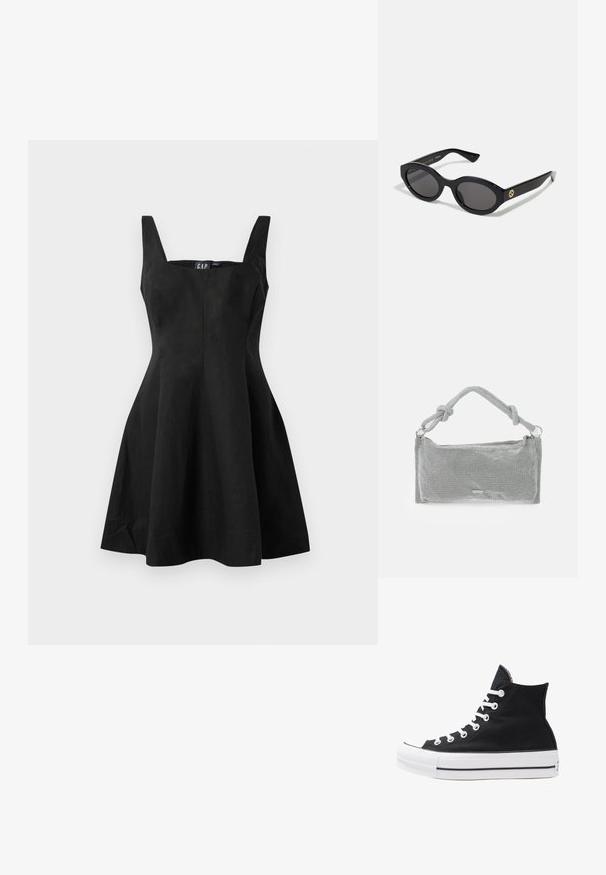 Črna brezrokavnik obleka z oblikovanim telesom in širšim krilom, izdelana iz gladkega blaga. Kvadratni vratni izrez in minimalni šivi za čist videz.; Visoke črne platnene superge z belimi režami, vezalkami in gumijastim podplatom. Ponašajo se z teksturiranim zaščitnikom za prste in črno-belimi črtami.; Črne ovalne sončna očala s temnimi lečami in sijočim plastičnim okvirjem. Imajo zlat logo na robu, kar ponuja eleganten in sodoben oblikovalski pristop.; Srebrna mrežasta torbica z vozlanim ročajem, pravokotne oblike, teksturirane površine in z zadrgo. Preprost, sodoben dizajn z minimalnimi dodatki.