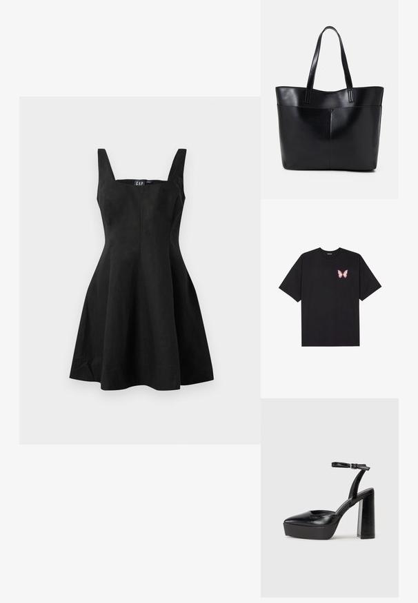 Crna bezrukavna haljina s prilagođenim korzetom i lepršavom suknjom, izrađena od glatkog materijala. Kvadratni izrez i minimalni šavovi za čist izgled.; Crna pamučna majica s kratkim rukavima, s malim grafičkim prikazom ružičaste vjetricaste s desne strane na prsima. Dizajn s okruglim izrezom i opuštenim krojem.; Crne platforme s potpeticom s oštrim vrhom i podešivom naramenicom. Izrađene od glatke kože, s masivnom blok petom.; Crna kožna torba s dugim ručkama, glatkom teksturom i strukturiranim oblikom. Ima prednju džep za dodatno pohranu.