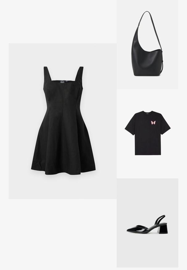 Melna bez piedurknēm kleita ar pieguļošu augšu un izplestu svārku, izgatavota no gludas auduma. Taisnā dekoltē un minimāls šuvju skaits, lai nodrošinātu tīru izskatu.; Melna kokvilnas T-krekls ar īsām piedurknēm, kuram priekšā kreisajā pusē ir neliels rozā tauriņa grafiskais attēls. Ar apaļu kaklu un brīvā stila piegriezumu.; Melna lakota āda ar atvērto papēdi, ar smailu purngalu un ģeometrisku blokpapēdi. Iezīmējas elegants, minimāls dizains un gluda tekstūra.; Melnas ādas hobo soma ar gludu tekstūru, izliekta forma un vienu regulējamu jostu; augšā ir plaša atvere.