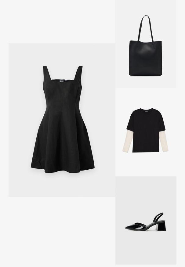 Čierne šaty bez rukávov s priliehavým telom a rozšírenou sukňou, vyrobené z hladkej látky. Štvorcový výstrih a minimálne švy pre čistý vzhľad.; Čierne tričko z bavlny, s krátkymi rukávmi cez biele tričko s dlhým rukávom, s jemným textúrovaným vzorom. Design s okrúhlym výstrihom.; Čierne lakované kožené sandálové podpätky s špicatou špičkou a geometrickým blokovým podpätkom. Disponujú elegantným, minimalistickým dizajnom a hladkým povrchom.; Čierna kožená taška na rameno s hladkým povrchom, obdĺžnikovým tvarom a dvoma dlhými uchami. Bez viditeľného kovania alebo ozdôb.