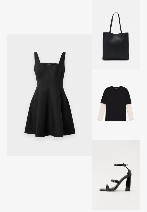 Rochie neagră fără mâneci, cu un bust ajustat și fustă evazată, realizată dintr-un material neted. Decolté pătrat și cusături minime pentru un aspect curat.; Tricou negru din bumbac, cu mâneci scurte, peste un strat alb cu mâneci lungi, având un model texturat subtil. Design cu guler rotund.; Sandale cu toc din patent negru, cu vârf pătrat, curele la gleznă și catarame din argint. Dispune de un toc gros pentru stabilitate.; Geantă tote neagră din piele, cu textură netedă, formă rectangulară și două mânere lungi. Fără hardware vizibil sau ornamente.