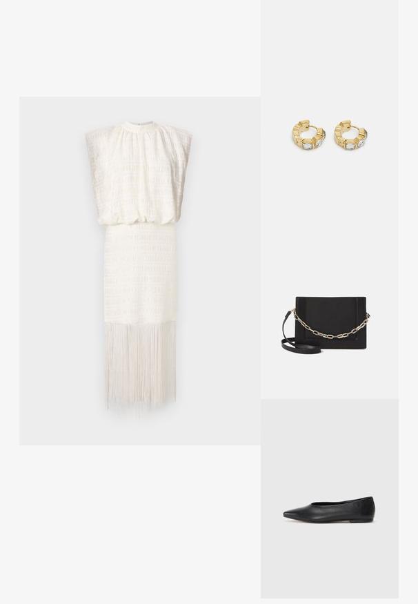 Vestido branco com um design texturizado, pregas nos ombros, cintura elástica e detalhe de franjas na barra, criando uma silhueta fluida.; Bailarina de couro preto, bico fino, design minimalista, textura suave, salto baixo, sem hardware ou embelezamentos visíveis.; Bolsa crossbody de couro preto com uma textura suave, forma retangular e um detalhe em corrente metálica na frente. Inclui uma alça ajustável.; Brincos de argola dourados com um design texturizado e três cristais transparentes em um lado, oferecendo uma estética geométrica moderna.