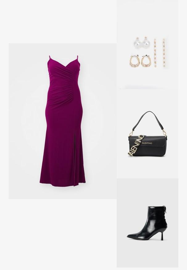 Figurtilt magenta kjole med spaghetti stropper, teksturert stoff, rynkete detaljer ved brystet og en sideslitt langs kanten.; Svart, blank lær ankelstøvel med spiss tå, stiletthæl og snøring bak på hvit bakgrunn.; Svart skinnveske med en strukturert form, med en gull "VALENTINO" logo stropp og en avtagbar skulderstropp. Tekstured finish.; Tre par øreringer: store hvite perle-stud, gullringer med klare edelstener, og to lange, rette gull-accent øreringer med glitrende detaljer.