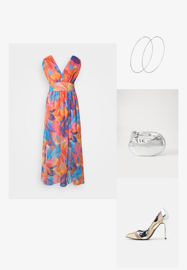 Vestido maxi con un escote en V profundo, que presenta un colorido patrón de hojas en naranja, rosa y azul, hecho de una tela ligera y fluida.; Zapato de tacón alto con punta afilada en una combinación de colores plateado, dorado y nude. Acabado brillante con diseño recortado, que presenta un tacón de aguja.; Bolsa de pouch metálica plateada con una forma suave y redondeada y un cierre en la parte superior con un nudo. Hecha de un material de imitación de cuero suave.; Pendientes de aro plateados con un diseño minimalista. Forma circular, textura suave y perfil delgado. Livianos con un acabado pulido.