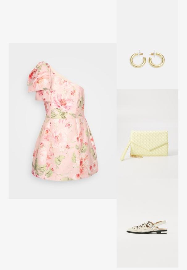 Vienos peties suknelė iš šviesiai rožinio audinio su dideliu rožiniu ir žaliu gėlių raštu. Suknelė turi raukinį ant peties ir platėjančio sijono dizainą.; Balno sandalai, pagaminti iš baltos odos, su keliais plačiais diržais ir sidabro spalvos sagtimis; plokščias padas su mažu juodu kulniuku ir metaliniais akcentais.; Geltona audinė piniginė su užsegimu, nuimamą rankinę juostą ir auksinį akcentą. Lygi tekstūra ir stačiakampis forma.; Aukso auskarai su lygiu, blizgiu paviršiumi. Apvalus dizainas su maža užrakto dalimi ir skaidria atrama saugiam nešiojimui.