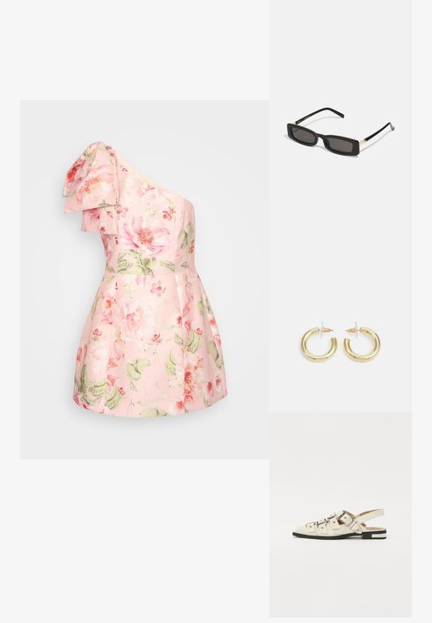 Jedno ramenné šaty svetloružového materiálu s veľkým kvetinovým vzorom v ružovej a zelenej farbe. Obsahujú volánový ramienko a rozšírený dizajn sukne.; Sandalové topánky so zapínaním vzadu z bielej kože s viacerými širokými popruhmi a striebornými prackami; plochá podrážka s malým čiernym podpätkom a metalickými akcentmi.; Čierne obdĺžnikové slnečné okuliare s tmavými šošovkami, lesklými plastovými rámami a zlatými akcentmi na spánkoch. Minimalistický dizajn a štíhly tvar.; Zlaté kruhové náušnice s hladkým, lesklým povrchom. Cirkulárny dizajn s malým steblom a jasným záznamom pre bezpečné nosenie.