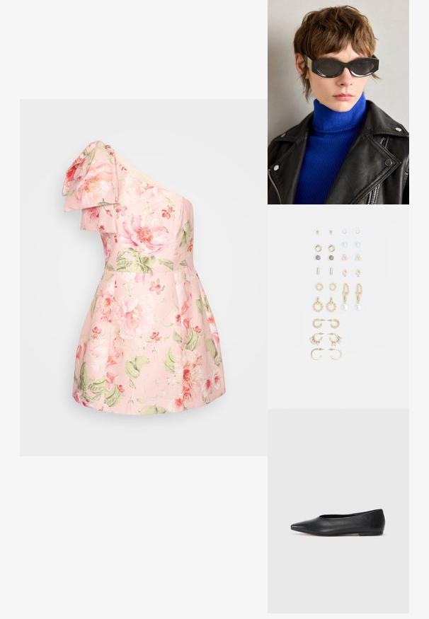 Yhden olkapään mekko vaaleanpunaisesta kankaasta, jossa on suuri kukkakuosi vaaleanpunaisena ja vihreänä. Mekossa on röyhelöolkapää ja liehuva helma.; Musta nahkainen ballerinatyyppinen kenkä, terävä kärki, minimalinen muotoilu, sileä pinta, matala korko, ei näkyvää metalliosaa tai koristeita.; Mustat aurinkolasit pyöreillä reunoilla ja sävytetyillä linsseillä. Varustettu kultaisilla yksityiskohdilla temppeleissä. Yhdistetty siniseen röyhelöiseen poolopaitaan ja nahkatakkiin.; Kultasetti kultaisenvärisiä korvakoruja, jotka sisältävät erilaisia muotoiluita, kuten nappikorviksia, rengaskorviksia ja roikkuvia korviksia, joissa on helmiä ja strasseja.