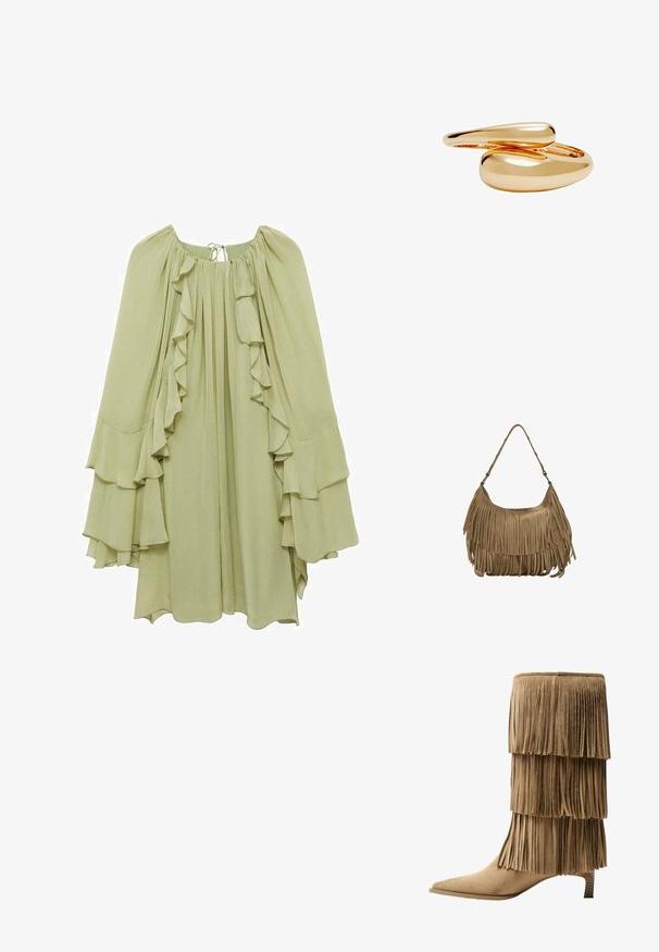 Mango Freizeitkleid - green; Fransen-Stiefelette aus taupefarbenem Wildleder mit drei Lagen Fransen. Spitz zulaufende Zehenpartie und ein niedriger Blockabsatz. Durchgehend glatte Oberfläche.; Braune Wildleder-Handtasche mit langen Fransen, einer geschwungenen Form und einem einzelnen Schultergurt. Verfügt über eine glatte, strukturierte Oberfläche.; Goldfarbene Ringe mit glatten, runden Formen, die sich miteinander verweben. Hochglänzende Oberfläche mit reflektierender Beschichtung, die ein nahtloses Design präsentiert.