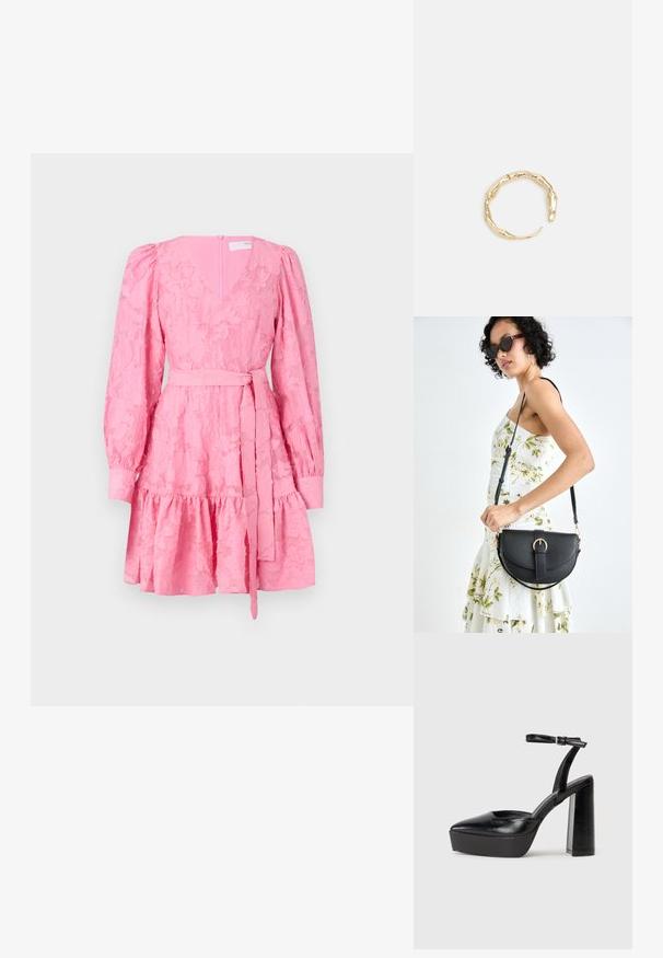 Roosa kleit V-kaelakaelusega, pikkade puffvarrukatega, tekstuuriga lillemustriga, vöörihmaga ja flared seelikuga, millel on volangäärel.; Mustad platvormi kontsad terava ninaga ja reguleeritava pahkluuraamiga. Valmistatud siledast nahast, funktsioneerib massiivse plokknäheeliga.; Mustmust mustraha kõverate joontega, eemaldatava rihmaga ja kuldsete detailidega. Kotil on klapp, millel on pandladetail.; Kuldtoonis sõrmus, millel on orgaaniline, keerdunud disain sileda tekstuuri ja kitsenevate otstega, luues kaasaegse skulptuurilise välimuse.