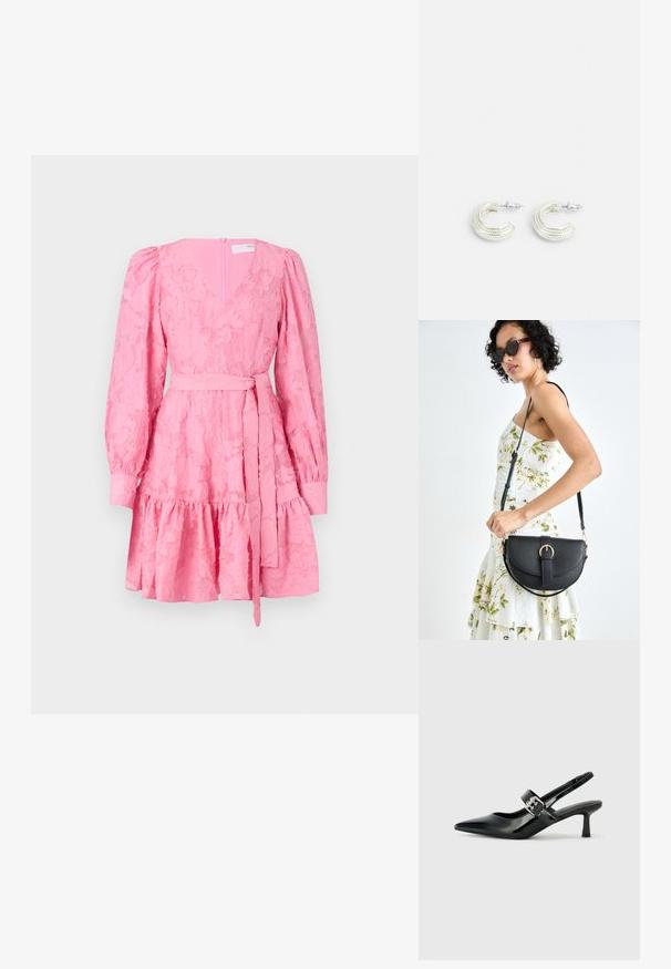 Rózsaszín ruha V-kivágással, hosszú puffos ujjak, texturált virágmintával, derékmegkötővel és flared szoknyával, fodros szegéllyel.; Fekete lakkbőr slingback sarkú cipők hegyes orral és kis blokk talppal, ezüst csat díszítéssel a pánton.; Fekete bőrtáska ívelt formával, levehető pánttal és arany színű fémrészekkel. A táskán egy csattal díszített fedél található.; Ezüst színű fülbevalók csavart karika dizájnnal, textúrált felülettel és bordázott részletekkel, amelyeket poszt zár biztosít.