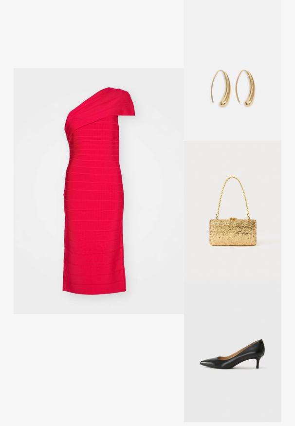 Rochie roșie pe un umăr, ajustată, dintr-un material texturat, prezentând dungi orizontale și un design până la genunchi. Finisaj neted cu o siluetă structurată.; Pantofii din piele neagră au vârful ascuțit, toc mic și o textură netedă. Au o deschidere ușoară în față și un hardware minim în spate.; Clutch din paiete aurii, cu o formă rectangulară, având un mâner din lanț croit și o închidere cu clapetă metalică, reflectând lumina cu un finisaj texturat.; Cercei din metal auriu, cu un design curbat și alungit. Au o suprafață netedă și strălucitoare, cu un vârf rotunjit pentru un detaliu suplimentar.