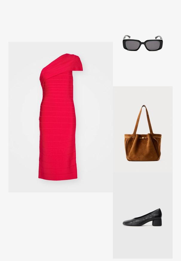 Abito fitted rosso a spalla scoperta realizzato in tessuto testurizzato, con strisce orizzontali e design fino al ginocchio. Finitura liscia con una silhouette strutturata.; Pantofole nere in pelle con punta arrotondata e tacco medio a blocco. Texture liscia con dettagli minimi, caratterizzata da un'apertura elastica sottile.; Occhiali da sole neri rettangolari con lenti scure, montatura in plastica liscia e tempie curve. Il design è voluminoso con un'estetica minimalista.; Borsa a tracolla in suede marrone con doppio manico, chiusura a bottone e una forma rilassata, leggermente morbida.