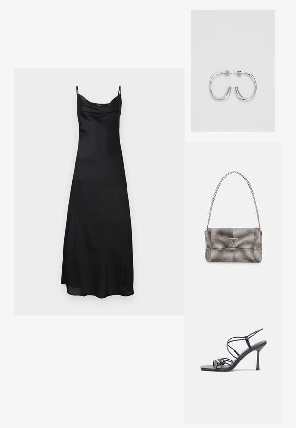 Rochie din satin negru, cu bretele subțiri, decolteu în formă de cowl și o siluetă fluidă. Țesătura are o textură netedă și lucioasă.; Sandale negre cu toc înalt au curele subțiri cu un design legat, un vârf pătrat neted și un toc stiletto elegant.; Geantă metalică gri deschis, cu un strap din lanț, decorată cu mici ținte circulare metalice și un logo de marcă triangular.; Cercei creole din argint cu suprafață netedă și lucioasă, având o formă curbată și închidere cu tija. Design minimalist cu un finisaj modern.