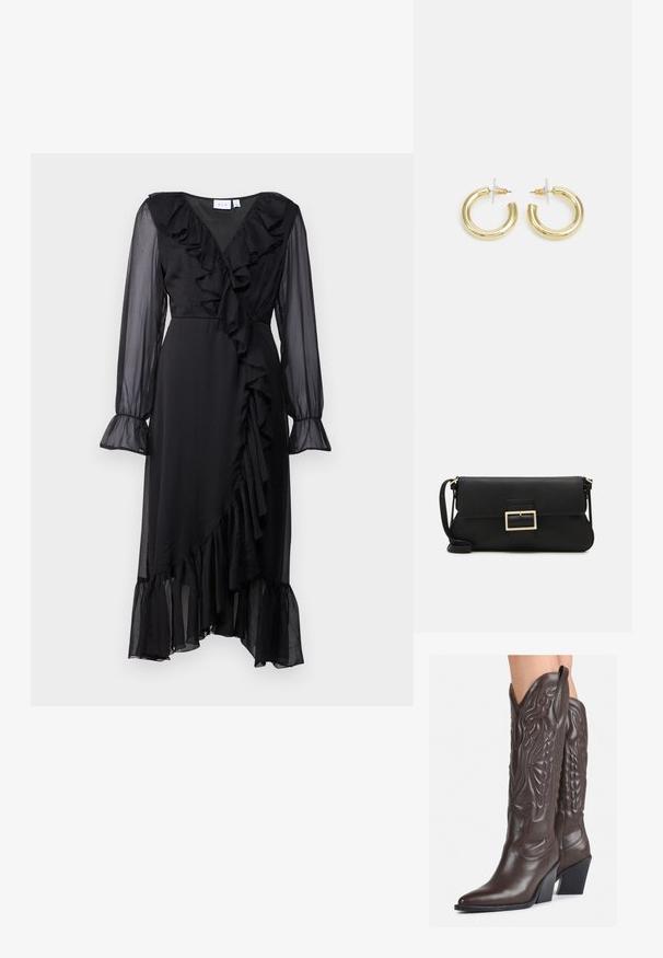 Čierne šaty vyrobené z ľahkého materiálu s dlhými priesvitnými rukávmi, V-výstrihom, volánikmi pozdĺž prednej časti a lemovania, a s voľným siluetom.; Hnedé kožené kovbojské topánky s špicatou špičkou a blokovým podrážkou, so zložitým prešívaním a vyvýšenými akcentmi na puzdre.; Čierna kožená clutch taška s klopou a zlatým kovovým detailom s prackou. Obsahuje čierny remienok a elegantný, minimalistický dizajn.; Zlaté kruhové náušnice s hladkým, lesklým povrchom. Cirkulárny dizajn s malým steblom a jasným záznamom pre bezpečné nosenie.