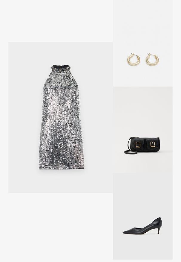 Silberne Paillettenrobe mit hohem Kragen und strukturierter Oberfläche. Mit einem soliden schwarzen Kragen und einem Reißverschlussverschluss auf der Rückseite.; Schwarzer Pumps aus Leder mit spitzer Zehenpartie und niedrigem Absatz. Verfügt über eine glatte Textur und dezenten Glanz. Vordere Öffnung für ein zusätzliches Detail.; Schwarze Leder-Umhängetasche mit zwei vorderen Taschen, goldenen Schnallen, Reißverschluss und einem schmalen Tragegurt. Texturierte Oberfläche und kompakte rechteckige Form.; Lauren Ralph Lauren BASIC SMALL HOOP - Ohrringe - gold-coloured