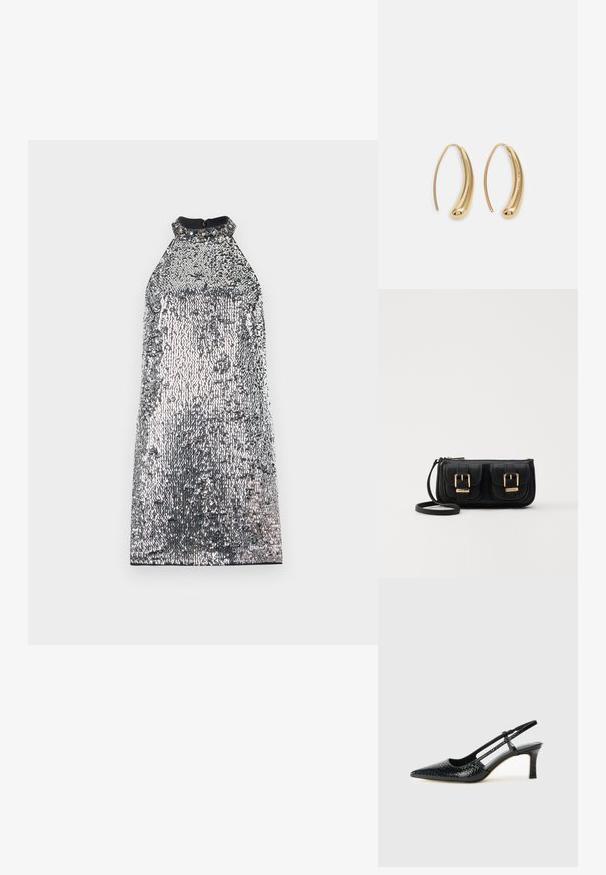 Sølv paljettkjole med høy hals og teksturert overflate. Har en solid svart krage og glidelås lukking bak.; Sorte patent slingback hæl med spids tå, featuring tekstureret slangeskind, justerbar rem og en kort, tekstureret blokhæl.; Svart skinn crossbody veske med to frontlommer, gyldne spenner, glidelåslukking og en slank stropp. Teksturert overflate og kompakt rektangulær form.; Gullfargede metalløredobber med en buet, forlenget form. Har en jevn, blank overflate og en avrundet tupp for ekstra detaljer.