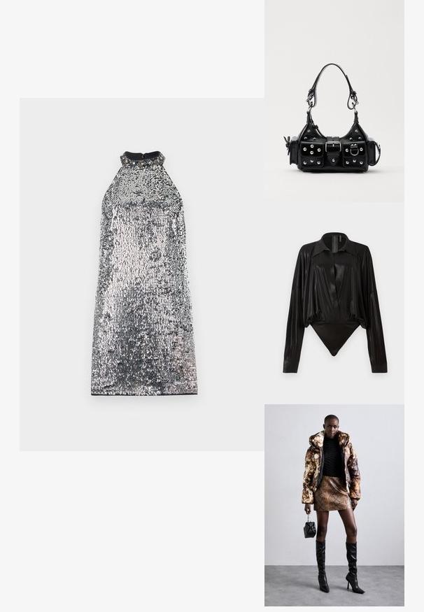 Hõbedane sädeleva kangaga kleit kõrge kaelusega ja tekstureeritud pinnaga. sisaldab tugevast mustast kraest ja lukuga sulgemist seljaosas.; Must tooni bodysuit pikad varrukad, V-keres ja stuudiud joontega. Valmistatud läikivast, siledast kangast, millel on konstruktsiooniga krae ja mansetid.; Põuejope pruuni ja musta mustriga, kokku sobitatud pruuni madu nahast mini-seelikuga, mustade reie kõrguste saapadega ja väikese musta kotiga.; Must värvi nahast käekott, millel on kaarjas disain, hõbedased nupukesed, kinnitusahe ja kaks külgtaskut. Reguleeritav rihm erinevate kandmisvõimaluste jaoks.