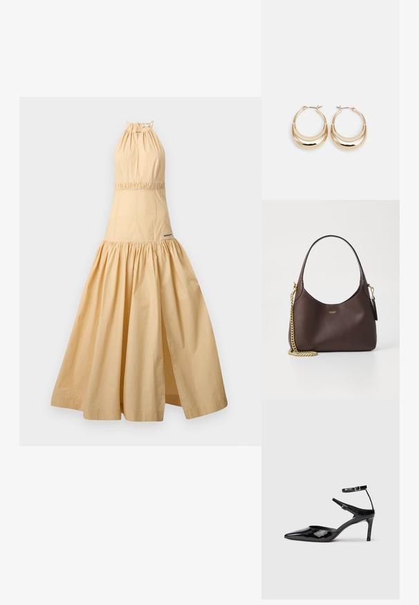 Halter nyakú ruha világos bézs pamutból, összegyűrt derékkal, légies szoknyával és oldalsó hasítékkal. A márkacímke a szegély közelében látható.; Fekete lakkbőr magassarkú cipők hegyes orral, állítható bokapánttal és vékony sarokkal. Simább textúra fényes kivitelben.; COACH BROOKLYN SHOULDER BAG 23 - Kézitáska - maple; Aranyszínű, félhold alakú fülbevalók, polírozott felülettel és zsanéros záródással. A sima textúra és a fényes felület fokozza a láthatóságot.