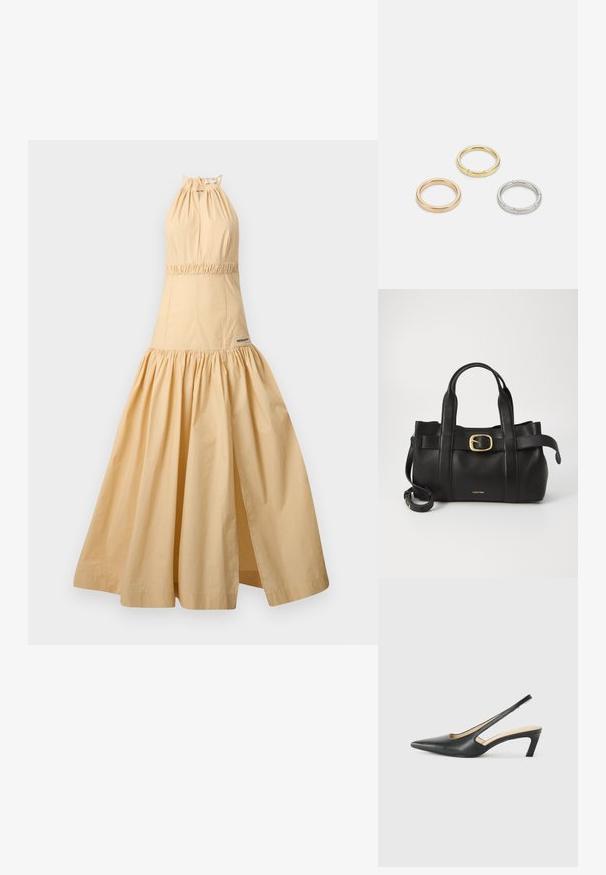 Šviesiai smėlinis medvilnės halterneck suknelė, turinti surinkta liemenį, plazdančią sijoną ir šoninę skeltę. Prekės ženklas matomas arti sijono hem.; Juodas smailus slingback batelis su žemu kulnu, pagamintas iš lygaus odos paviršiaus ir su išpjovomis šone, užtikrinančiomis oro pralaidumą.; Juodas odinis rankinės maišas su struktūrizuotu dizainu, dviem viršutinėmis rankenomis, auksinės spalvos sagtimi ir iškilniu prekės ženklu priekyje.; Trys metalinės žiedai: vienas rožinės aukso, vienas auksinis su tekstūruotais akcentais ir vienas sidabrinis, visi su įmintu ženklinimu vidinėje juostoje.