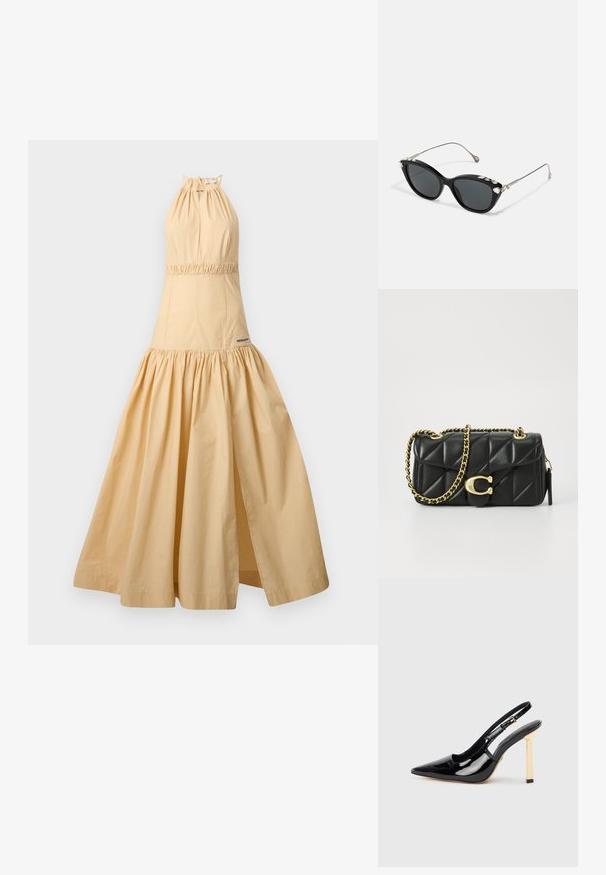 Šaty s halter krkem z lehkého béžového bavlněného materiálu, s nařaseným pasem, splývavou sukní a bočním rozparkem. Viditelná značka značky poblíž lemu.; Černá lakovaná slingback vysoká bota na podpatku s špičatou špičkou a zlatým čtvercovým akcentem na podpatku. Má nastavitelné kotníkové popruhy.; Černé kočičí brýle s šedými skly, mají kovový rám a zdobné kamínky podél horního okraje. Minimalistický design s hladkými liniemi.; Černá prošívaná kožená kabelka se zlatým řetízkem a otočnou sponou s kruhovým akcentem. Kompaktní obdélníkový tvar.