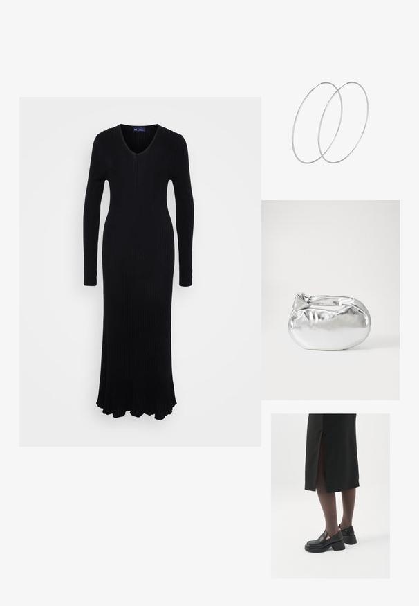 Abito a maglia nero a coste con maniche lunghe, scollatura a V e orlo svasato. Realizzato in un materiale elasticizzato per una silhouette aderente.; Scarpe in pelle nera con punta arrotondata, tacco spesso a blocco e accenti laterali in elastico, abbinate a collant scuri e una gonna nera con uno spacco.; Borsa a pochette metallica argentea con una forma morbida e arrotondata e chiusura superiore annodata. Realizzata in materiale sintetico morbido.; Orecchini a cerchio in argento con un design minimalista. Forma circolare, superficie liscia e profilo sottile. Leggeri con una finitura lucida.