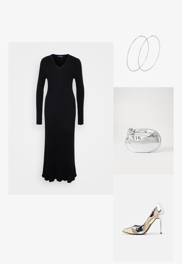 Melna ribota adīta kleita ar garām piedurknēm, V veida kakla izgriezumu un platām malām. Izgatavota no elastīga materiāla, nodrošinot pieguļošu siluetu.; Apspīlēta augstpapēžu kurpe ar zeltītu, sudrabi un neitrālu krāsu kombināciju. Spīguļojoša virsma ar izgriezuma dizainu, aprīkota ar stiletto papēdi.; Sudraba metāliska poga somiņa ar mīkstu, noapaļotu formu un mezgla augšējo aizdari. Izgatavota no gludas mākslīgās ādas materiāla.; Sudraba gredzenveida auskari ar minimālistisku dizainu. Cirkulāra forma, gluda tekstūra un plāns profils. Vieglu svaru ar spīdīgu apdari.