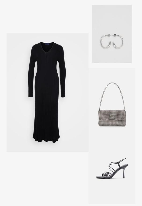 Fekete bordás kötött ruha hosszú ujjakkal, V-nyakkivágással és bővülő szegéllyel. Rugalmas anyagból készült, amely formás siluettet biztosít.; Fekete magas sarkú szandálok vékony pántokkal, csomózott mintával, sima négyzetes orral és karcsú stiletto sarkal rendelkeznek.; Világosszürke fémes kézitáska lánc pánttal, kis kör alakú fém kifinomult díszítéssel és háromszög alakú márkagéppel.; Ezüst karika fülbevalók sima, fényes felülettel. Lekerekített forma, könnyű kialakítással, tűs zárómechanizmussal.