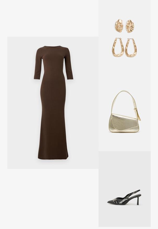 Vestido maxi castanho riscado com mangas de três quartos, silhueta ajustada e bainha rodada. Textura suave em todo o vestuário.; Sapato slingback preto em pele patentada com bico apontado, tiras no tornozelo apresentando fivelas e acessórios prateados, e um salto elegante.; Bolsa de mão metálica dourada com um design estruturado, textura suave e alça ajustável. Apresenta uma forma triangular única e costura minimalista.; Brincos em tom de ouro com formas onduladas e texturizadas. Inclui studs escultóricos com presilha e um design de argola aberta com um acabamento martelado.