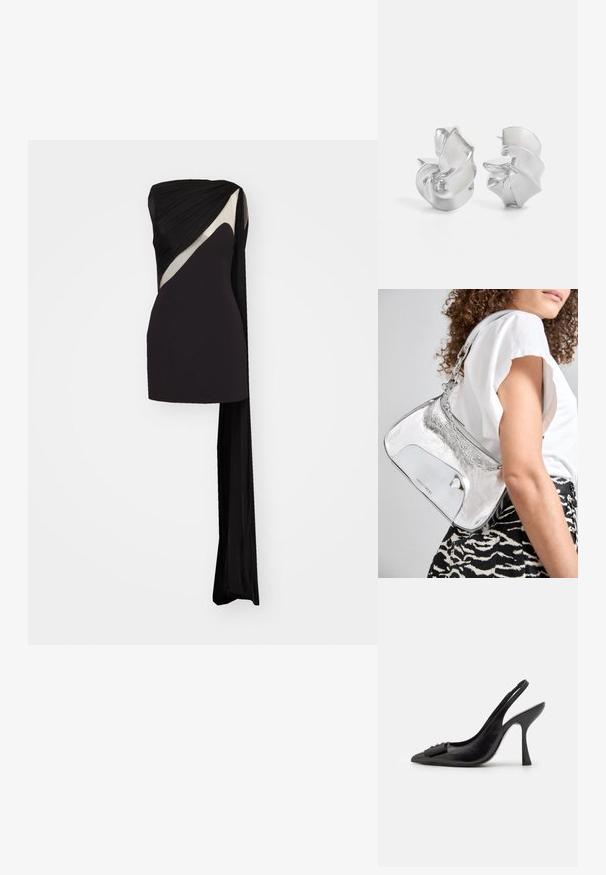 Black strapless dress with draped fabric, featuring a contrasting beige accent. Smooth texture with a flowing side panel for added detail.; Black leather slingback shoe with a pointed toe, slim high heel, and a decorative bow accent. Smooth texture and sleek design.; Silver metallic shoulder bag with a smooth texture, curved design, chain strap, and a polished front panel featuring a subtle logo engraving.; Silver earrings with a flowing, spiral design. Smooth texture with a polished finish. Features a subtle sheen and no visible embellishments.