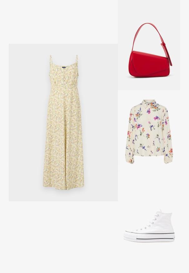 Bloemige maxi-jurk in geel met dunne bandjes, voorzien van een knoopsluiting aan de voorkant, een getailleerde taille en een vloeiende rok met een meerkleurig bloemenpatroon.; Bloes met bloemenprint en lange pofmouwen, lichte crème basis, met paarse, oranje en groene bloemmotieven, en een klassiek kraagontwerp.; Witte high-top canvas sneakers met een zwarte rubberen zool, een rubberen neuskap aan de voorkant en zes gaatjes voor veters, met een schone, minimalistische uitstraling.; Rode leren handtas met een hoekig, geometrisch ontwerp. Beschikt over een enkele verstelbare schouderriem en een klepclosure met gestikte details.