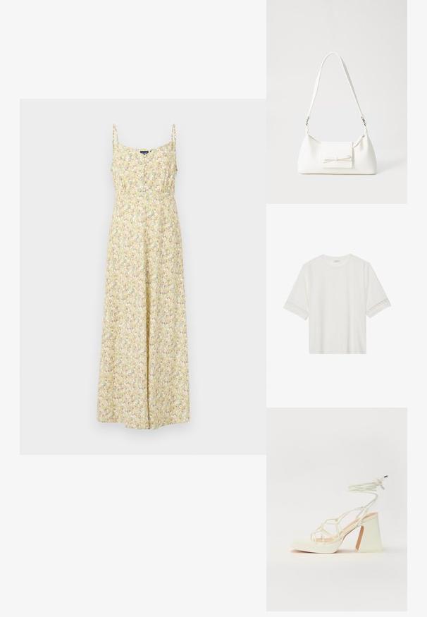 Gelbes Blumenkleid im Maxistil mit dünnen Trägern, ausgestattet mit einer durchgehenden Knopfleiste, einer taillierten Taille und einem fließenden Rock mit einem mehrfarbigen Blumenmuster.; Weißes T-Shirt mit kurzen Ärmeln aus Baumwolle, mit dekorativem Spitzenbesatz entlang der Ärmel und einem runden Ausschnitt.; Weiße High-Heel-Sandale mit einem klobigen Absatz, die über ein Riemchendesign und ein Knöchelband verfügt. Glatte Textur mit einer Plattform vorne für zusätzliche Höhe.; Weiße synthetische Handtasche in dreieckiger Form, flache Vorderklappe und Schleifendetail, verstellbarer Trageriemen, glatte Textur und minimalistisches Design.