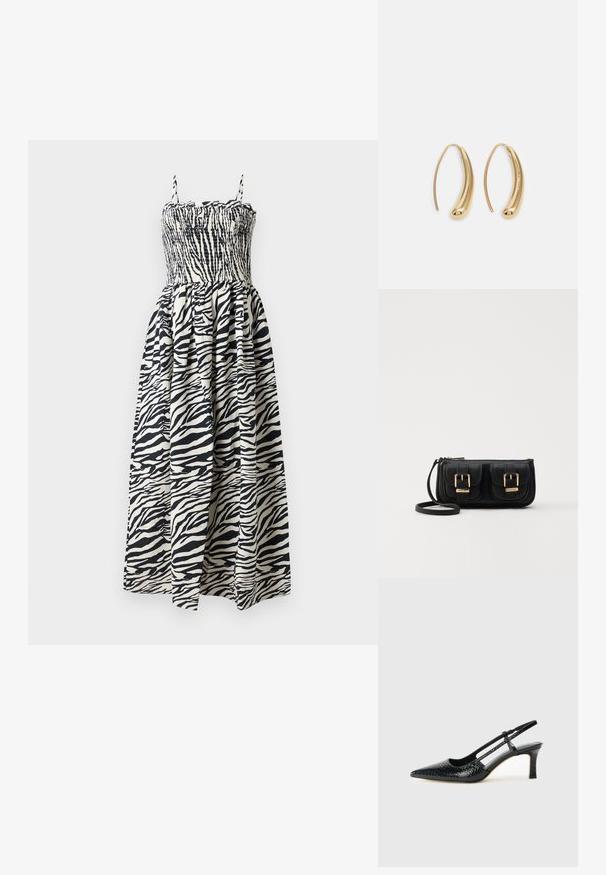 Maxi šaty so vzorom zebry, so smockovaným telom, nastaviteľnými ramienkami a voľným sukňou. Vyrobené z ľahkej látky v čiernej a krémovej farbe.; Čierne patentové slingback topánky na ihlovom podpätku s špicatou špičkou, s textúrovaným hadím vzorom, nastaviteľným popruhom a krátkym, textúrovaným blokovým podpätkom.; Čierna kožená crossbody taška s dvoma prednými vreckami, zlatými sponami, zipsovým uzatváraním a úzkym popruhom. Štruktúrovaný povrch a kompaktný obdĺžnikový tvar.; Náušnice vo forme zlatých kovových kruhov s zakriveným, predĺženým tvarom. Majú hladký, lesklý povrch a zaoblený koniec pre pridanie detailu.