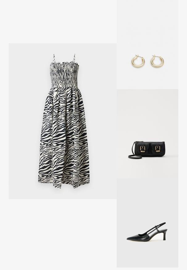 Maxikleid mit Zebramuster, gerafftem Oberteil, verstellbaren Trägern und schwingendem Rock. Hergestellt aus leichtem Stoff in Schwarz und Cremefarben.; Schwarze Lack-Slingback-Pumps mit spitzem Zehenbereich, versehen mit strukturiertem Schlangenprint, verstellbarem Riemen und einem kurzen, strukturierten Blockabsatz.; Schwarze Leder-Umhängetasche mit zwei vorderen Taschen, goldenen Schnallen, Reißverschluss und einem schmalen Tragegurt. Texturierte Oberfläche und kompakte rechteckige Form.; Lauren Ralph Lauren BASIC SMALL HOOP - Ohrringe - gold-coloured