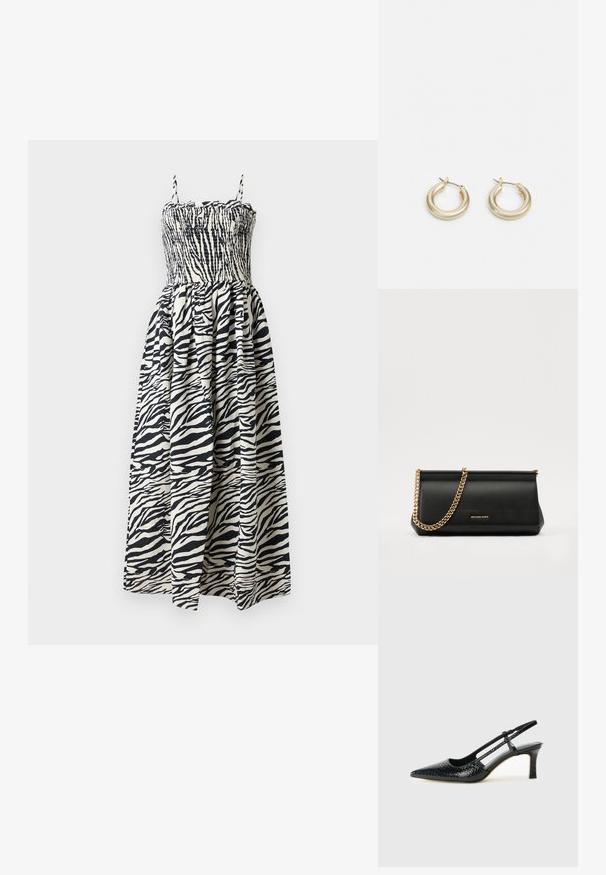 Maxi-jurk met zebra-print, voorzien van een smock-borstel, verstelbare bandjes en een vloeiende rok. Gemaakt van lichte stoffen in zwart en crèmekleuren.; Zwart patent slingback hak met een spitse neus, voorzien van een gestructureerde slangenprint, verstelbare band en een korte, gestructureerde blokhak.; Zwarte leren clutch tas met een gouden kettinghengsel, voorzien van een gladde textuur, rechthoekige vorm en reliëfmerk op de voorkant.; Lauren Ralph Lauren BASIC SMALL HOOP - Oorbellen - gold-coloured