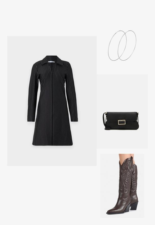 Crna haljina dugih rukava i ovratnika s vertikalnim bijelim prugama, dubokim V-izrezom i opuštenim krojem. Glatka tekstura tkanine.; Smeđe kožne kauboj čizme s šiljastim vrhom i blok-potpeticom, s detaljno izvezenim šavovima i uzdignutim naglascima na okovu.; Crna kožna clutch torbica s preklopom i zlatnim metalnim detaljem kopče. Uključuje crnu trakicu i elegantan, minimalistički dizajn.; Srebrne okrugle naušnice s minimalističkim dizajnom. Kružni oblik, glatka tekstura i tanak profil. Lagane s poliranim završetkom.