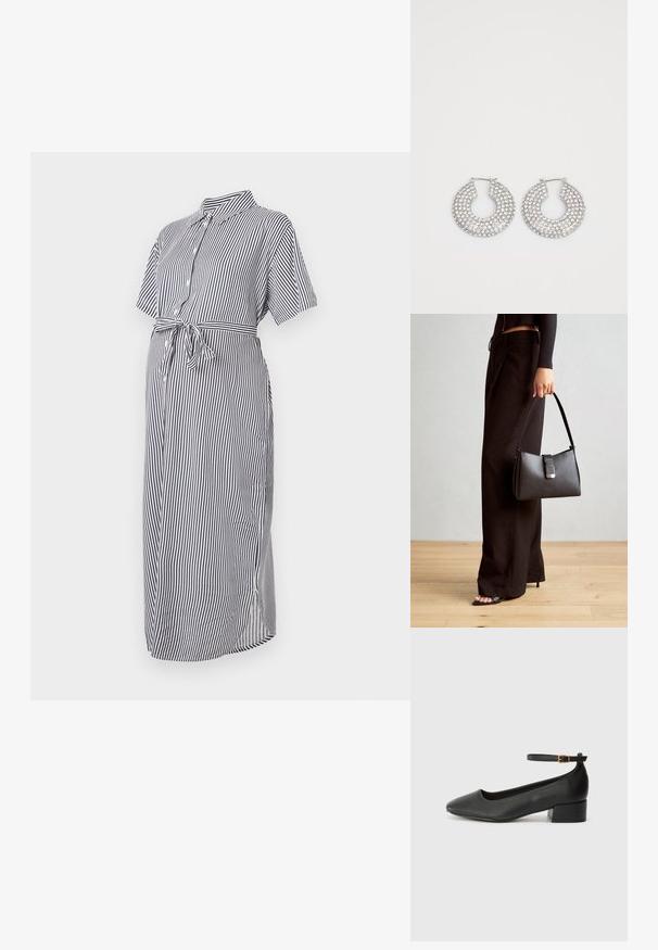 Pruhované šaty z jemnej látky v námorníckej modrej a bielej farbe s krátkymi rukávmi, zapínaním na gombíky vpredu, golierom a viazaním v páse. Midi dĺžka.; Čierne kožené lodičky s špicatou špičkou a nízkym blokovým podpätkom. Obsahuje remienok okolo členka so zlatým prackou. Hladký povrch.; Čierna kabelka so štruktúrovaným tvarom, hladkou textúrou a kovovou sponou. V kombinácii so širokými čiernymi nohavicami a sandálmi s otvorenou špičkou na drevenej podlahe.; Strieborné kruhové náušnice zdobené viacerými čírymi kryštálmi, s textúrovaným povrchom a otvoreným kruhovým dizajnom.