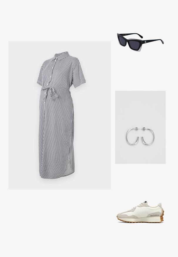 Prugasta haljina u tamnoplavoj i bijeloj boji s kratkim rukavima, dugmetima sprijeda, ovratnikom i vezanom strukom, izrađena od lagane tkanine. Midi dužine.; Bijela i bež tenisica s gornjim dijelom od glatke kože i aplikacijama od brušene kože. Ima okrugle vezice, jastučićasti potplat i teksturiranu gumenu potplatu.; Crne oversize sunčane naočale geometrijskog oblika, s tamnim staklima i kontrastnom sivom dekoracijom na okviru. Logo na dršci.; Srebrne naušnice u obliku obruča sa glatkom, sjajnom površinom, zakrivljenog oblika i zatvaranjem na čep. Minimalistički dizajn s modernim završetkom.