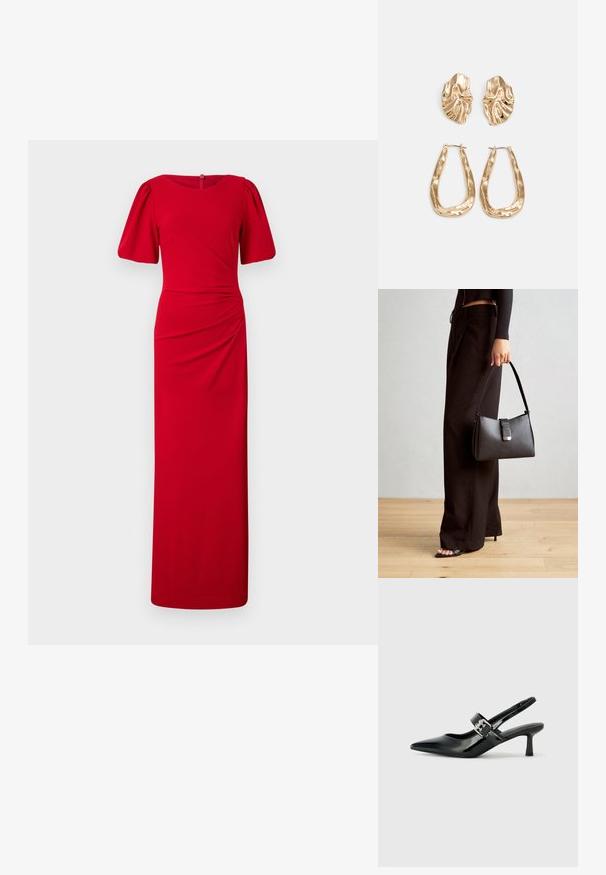 Rotes, bodenlanges Kleid mit figurschmeichelnder Silhouette, rundem Hals, kurzen Puffärmeln und Raffungselementen an der Seite. Glatte Stoffstruktur.; Schwarze Lackleder Slingback-Absätze mit spitzem Zeh und kleinem Blockabsatz, ausgestattet mit einem silbernen Schnallenakzent am Riemen.; Schwarze Handtasche mit strukturierter Form, glatter Textur und einem metallischen Verschluss. Kombiniert mit weiten schwarzen Hosen und offenen Sandalen auf einem Holzboden.; Ohrringe in Goldoptik mit strukturierten, gewellten Formen. Beinhaltet skulpturale Clip-Ohrringe und ein offenes Hoop-Design mit gehämmertem Finish.