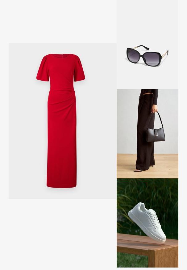 Rotes, bodenlanges Kleid mit figurschmeichelnder Silhouette, rundem Hals, kurzen Puffärmeln und Raffungselementen an der Seite. Glatte Stoffstruktur.; Weiße Sneaker mit einem glatten, synthetischen Obermaterial, perforierter Zehenbox, flachen Schnürsenkeln und einer strukturierten Sohle, präsentiert auf einer Holzoberfläche.; Schwarze übergroße Sonnenbrille mit getönten Gläsern, dicken Rahmen und goldfarbener Kettendetaillierung an den Bügeln.; Schwarze Handtasche mit strukturierter Form, glatter Textur und einem metallischen Verschluss. Kombiniert mit weiten schwarzen Hosen und offenen Sandalen auf einem Holzboden.