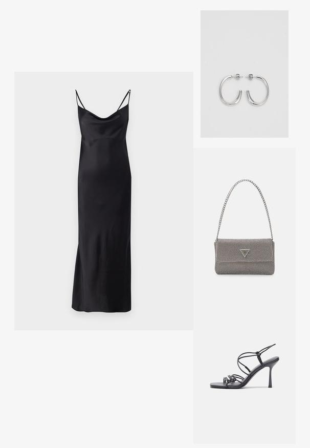 Juodos satino suknelės, su išlenktu apykaklės kraštu, plonais reguliuojamais petnešėlėmis ir tiesia silueto linija, siekiančia iki vidurio blauzdos, sklandžiu tekstūra.; Juodos aukštakulnės sandalai pasižymi plonyčiais dirželiais su mazgo dizainu, lygiu kvadratiniu pirštu ir elegantišku stiletto kulnu.; Šviesiai pilka metalinė rankinė su grandinėlės dirželiu, papuošta mažais apvaliais metaliniais smeigėmis ir trikampiu prekės ženklu.; Sidabriniai lankelio formos auskarai su lygiu, blizgiu paviršiumi, išlenktos formos ir su užsegimu. Minimalistinio dizaino su moderniu apdaila.