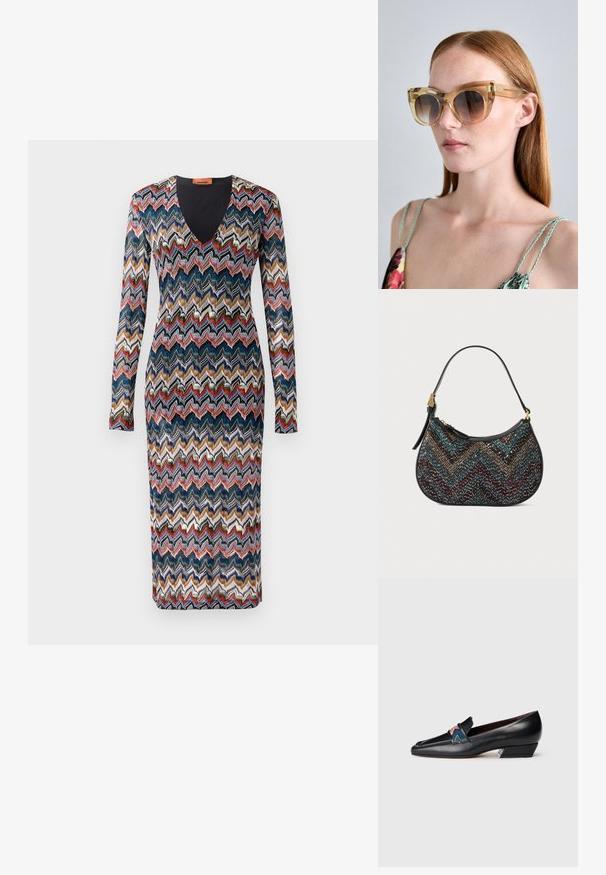 Pikkade varrukatega kleit, millel on sinise, punase, kreemi ja kulla toonides sakilise mustriga. V-kaeluse disain; kudumismaterjal, millel on keha järgiv siluett.; Musthave mustaga musta nahast madala kontsaga loafer, terava ninaga ja värviliselt mustritatud rihmaga valgel taustal.; Kassikujulised prillid läbipaistvate kollaste raamidega, pruunide gradient-läätsedega, kuldsete aktsentidega templitel ja läikiva viimistlusega.; Mustas käekott on kõverate joontega, esindades mitmevärvilist chevron-mustrit ja metallthreadi. Koti küljes on nahkrihm ja kullatud detailid.