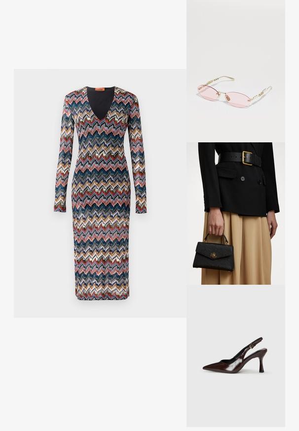 Langarmjurk met een zigzagpatroon in blauw, rood, crème en gouden tinten. V-hals ontwerp; gebreide stof met een aansluitende pasvorm.; Bruine gepatineerde leren slingback pumps met een spitse neus, een dunne hak en een verstelbaar bandje met een kleine gesp.; Gucci Zonnebril - gold-coloured/pink; Zwarte gestructureerde handtas met een getextureerde afwerking, gouden hardware en een bovenhandvat. Draagt bij een zwarte blazer en een beige rok.
