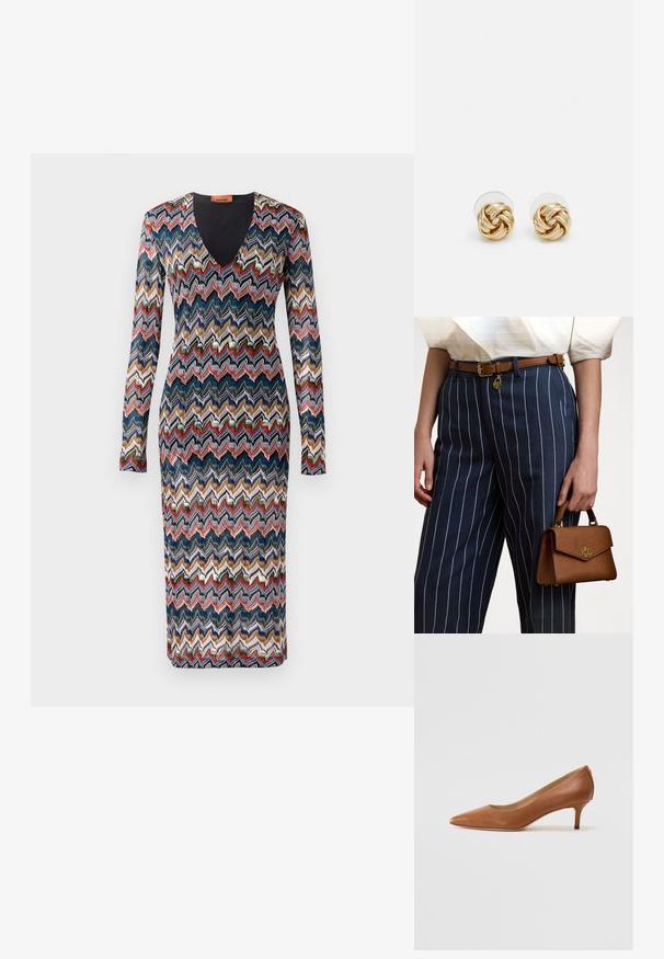 Abito a maniche lunghe con motivo a zigzag in tonalità di blu, rosso, crema e oro. Design con scollatura a V; tessuto a maglia con silhouette aderente.; Lauren Ralph Lauren ADRIENNE - Decolleté - deep saddle tan; Borsa a tracolla marrone con texture, dotata di hardware dorato, tenuta accanto a pantaloni a righe blu navy con linee verticali bianche. Design semplice e strutturato.; Orecchini a perno in tono oro con design intrecciato. Ogni orecchino presenta uno sfondo circolare trasparente per una vestibilità sicura.