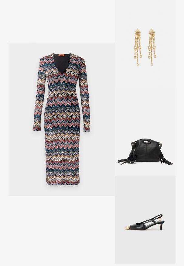Ilgaamžių rankovių suknelė, dekoruota zigzago raštu mėlynais, raudonais, kreminiais ir auksiniais atspalviais. V-kaklo dizainas; megztas audinys su prigludusiu siluetu.; Juodas odinis slingback batelis su smailiu pirštu ir auksine metaline nose. Pasižymi išpjovimo dizainu ir plonu kulnu su reguliuojamu dirželiu.; Maje MISS MINI - Rankinė per petį - noir; Aukso spalvos auskarai su keliais kaskadiniais grandinėlėmis, su skaidriais ovaliais kristalų akcentais ir dekoratyviniais auskarų priekiais.
