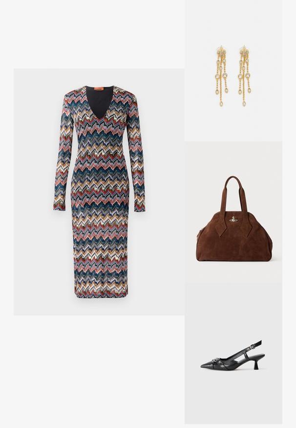 Vestido de mangas largas con un patrón de zigzag en tonos azul, rojo, crema y dorado. Diseño de cuello en V; tejido de punto con silueta ajustada.; Zapato de slingback negro de piel con punta afilada, correas decorativas con ojales de metal y un tacón bajo y ancho. Superficie texturizada.; Bolso de ante marrón con una forma estructurada, cuerpo redondeado y asas alargadas en forma de diamante. Presenta un cierre de hardware plateado.; Pendientes en tono dorado con múltiples cadenas en cascada, que cuentan con acentos de strass ovalados claros y parte superior decorativa de tachuelas.