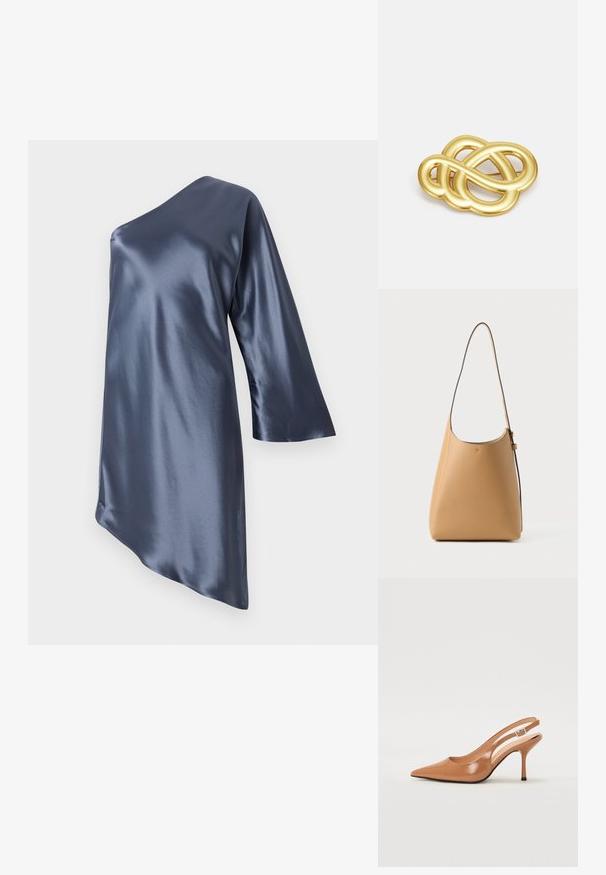 Asimetrična satenska haljina tamnoplave boje, s jednim dugim rukavom i glatkom, sjajnom teksturom, s dijagonalnom rubnom linijom.; Sandal s petom u obliku šiljastog prsta od glatkog, sjajnog smeškastog materijala. Ima zakrivljeni izrez i vitku štiklu. Detalj s srebrnom kopčom.; Kožna torba za rame u svijetlosmeđoj boji, s glatkom teksturom, minimalističkim dizajnom, jednom zakrivljenom trakom i suptilnim detaljima od hardvera.; Broš u zlatnoj boji s čvorastim dizajnom, glatkim, zaobljenim linijama i složenim oblikom, koji odražava sjajnu površinu.
